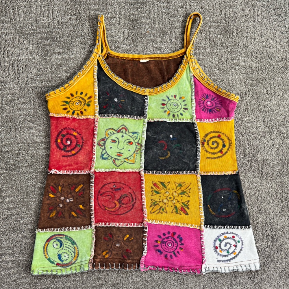 Boho Patchwork Multicolor Tank Top Sz L Hippie Festival Boho Crochet Unique